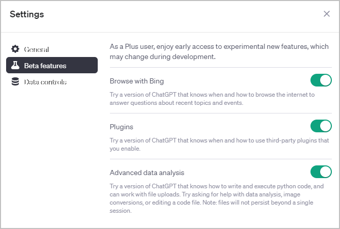 Screenshot ChatGPT Plus Beta Features